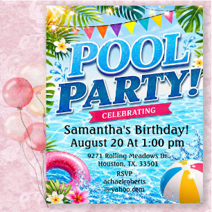 Tropical Adult Birthday Pool Party Invitation