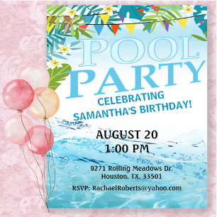 Tropical Adult Birthday Pool Party   Invitation