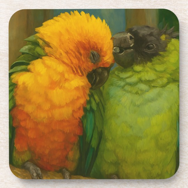 Tropical Affection – Parrots in Forest Light Beverage Coaster (Front)