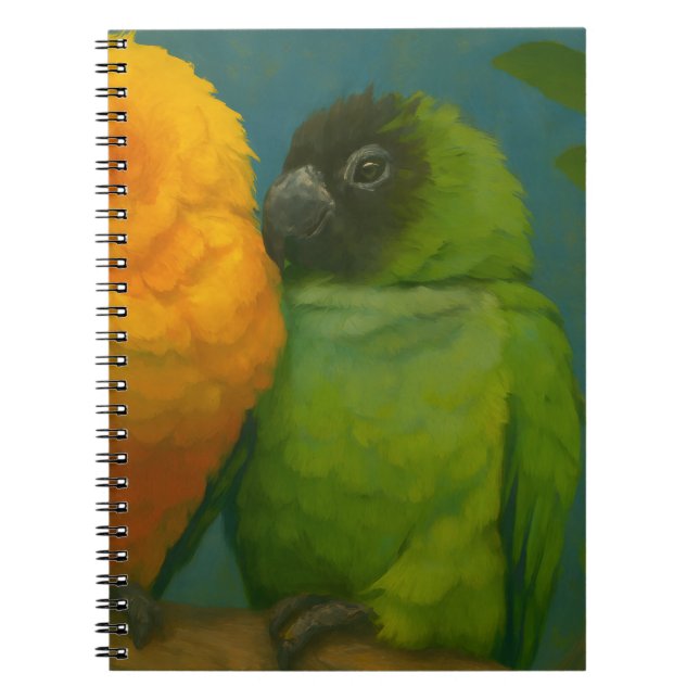 Tropical Affection – Parrots in Forest Light Notebook (Front)