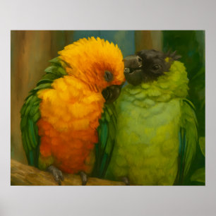 Tropical Affection – Parrots in Forest Light Poster