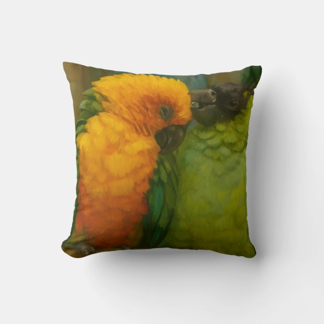 Tropical Affection – Parrots in Forest Light Throw Pillow (Front)