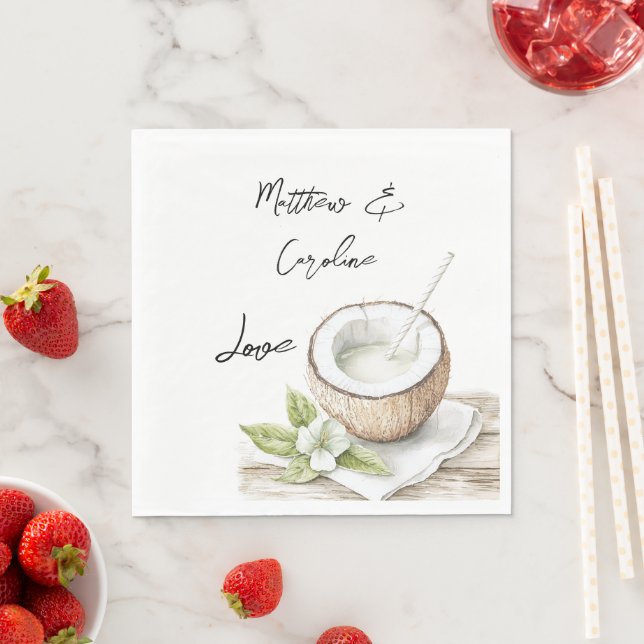 Tropical Aloha Beach Coconut Floral Wedding Napkins (Insitu)