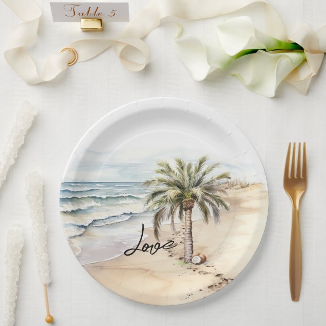 Tropical Aloha Beach Coconuts Palm Tree Paper Plates (Wedding)