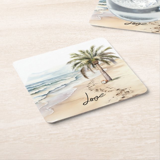 Tropical Aloha Beach Coconuts Palm Tree Square Paper Coaster (Angled)