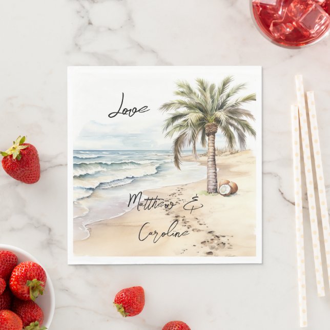 Tropical Aloha Beach Coconuts Palm Tree Wedding Napkins (Insitu)