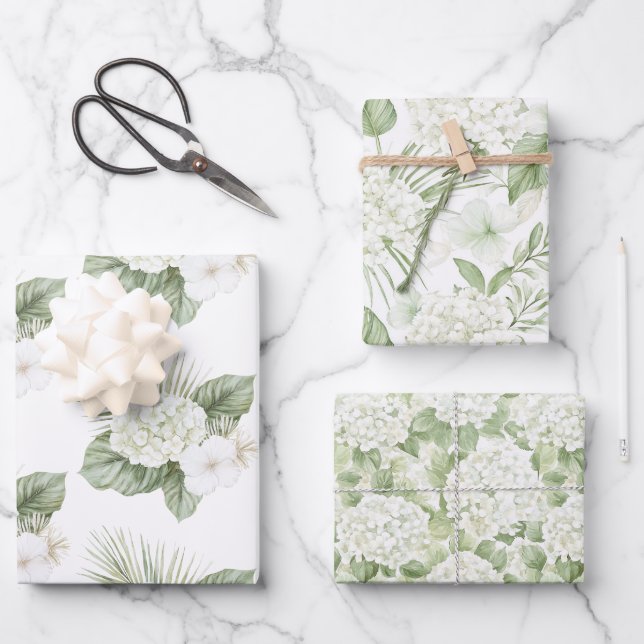 Tropical Aloha Beach Hydrangea Floral Wedding Wrapping Paper Sheets (Front)