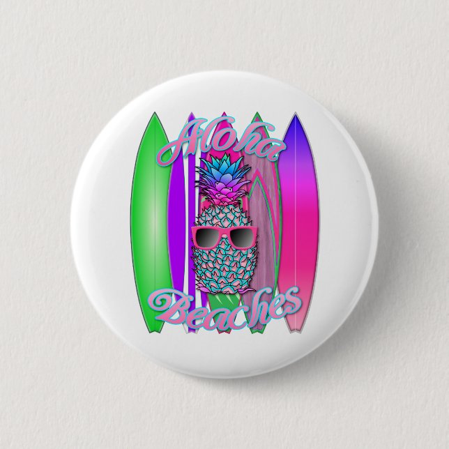 Tropical Aloha Beaches Fun Surfing Pineapple Button (Front)