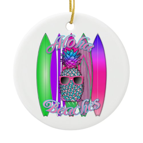 Tropical Aloha Beaches Fun Surfing Pineapple Ceramic Ornament