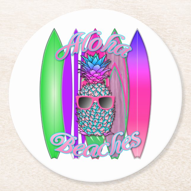 Tropical Aloha Beaches Fun Surfing Pineapple Round Paper Coaster (Front)