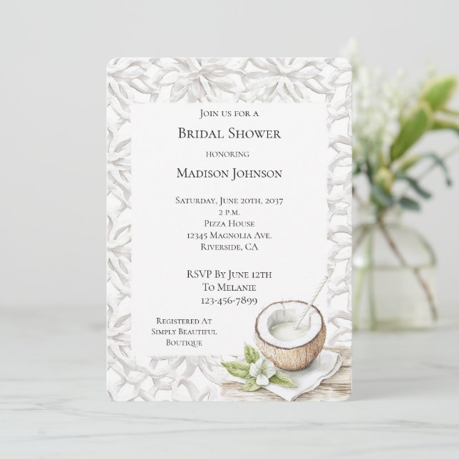Tropical Aloha Coconut Flower Bridal Shower Invitation (Standing Front)