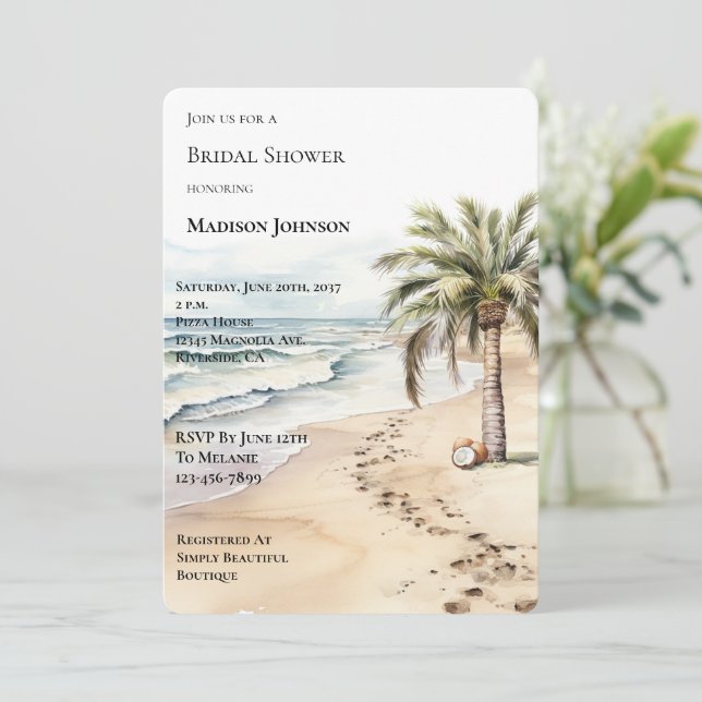Tropical Aloha Coconuts Palm Tree Bridal Shower Invitation (Standing Front)