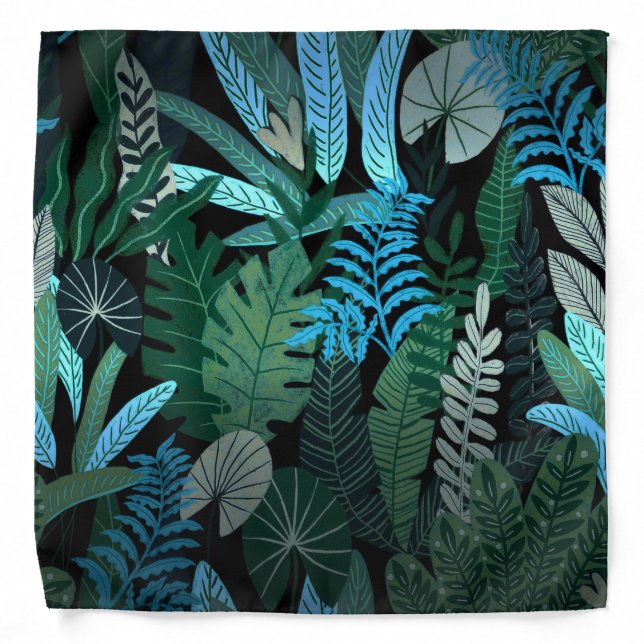 Tropical Aloha Exotic Blue Jungle Pattern at Night Bandana (Front)