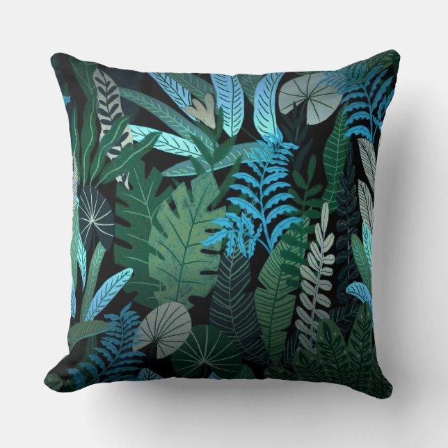 Tropical Aloha Exotic Blue Jungle Pattern at Night Throw Pillow (Front)