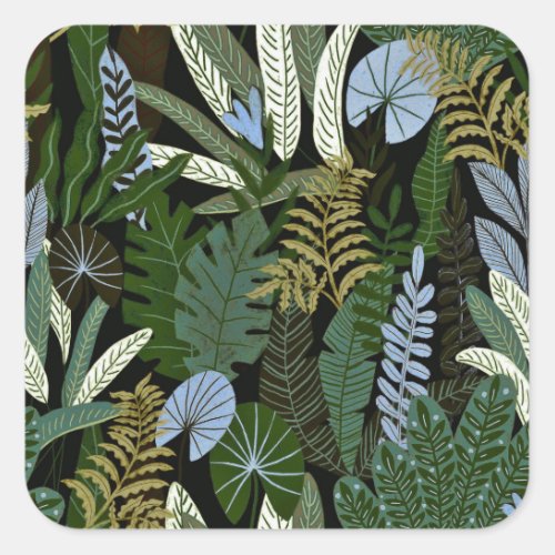 Tropical Aloha Exotic Green Jungle Pattern Square Sticker