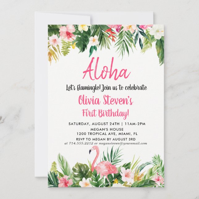 Tropical Aloha Flamingo Birthday Invitation Card (Front)
