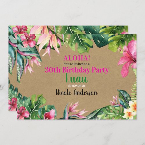 Tropical Aloha Floral Luau Kraft Birthday Party Invitation