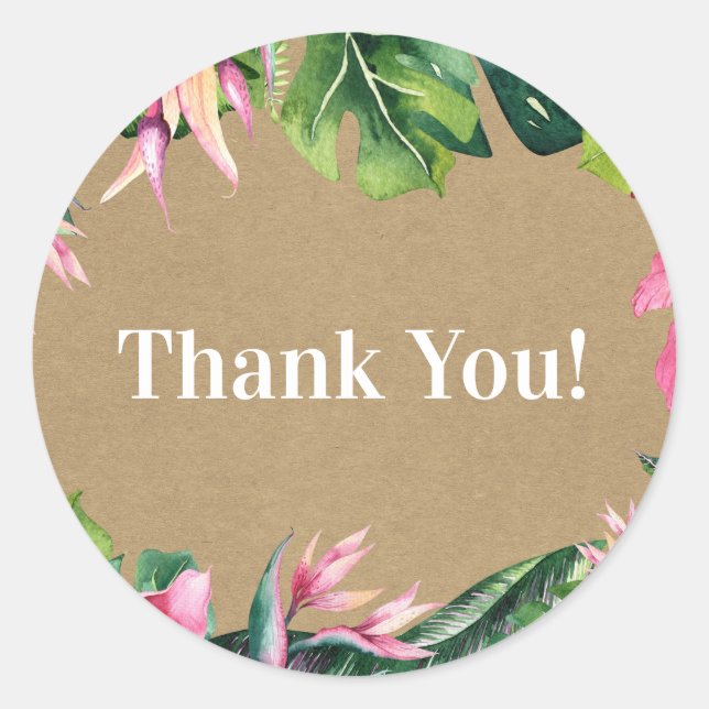 Tropical Aloha Floral Luau Kraft Bridal Shower Classic Round Sticker (Front)