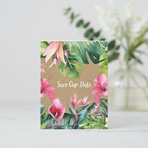 Tropical Aloha Floral Luau Kraft Save the Date Postcard | Zazzle