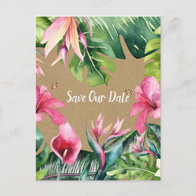 Tropical Aloha Floral Luau Kraft Save the Date Postcard | Zazzle