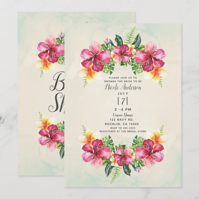 Tropical Aloha Flowers Botanical Bridal Shower Invitation (Front/Back)