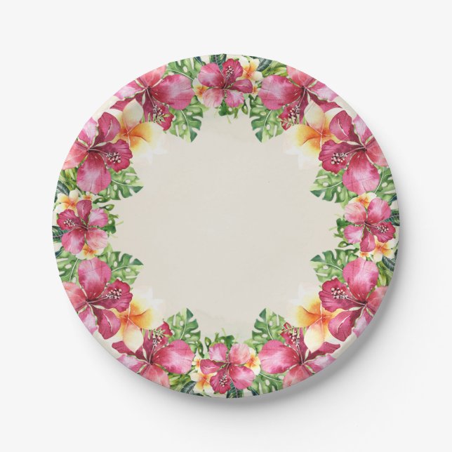 Tropical Aloha Flowers Floral Botanical Luau Party Paper Plates (Front)