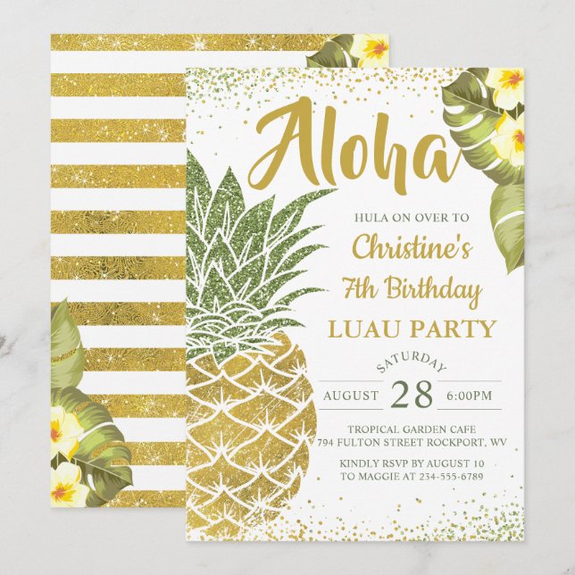 Tropical Aloha Green Gold Pineapple Birthday Invitation (Front/Back)