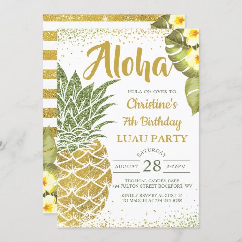 Tropical Aloha Green Gold Pineapple Birthday Invitation