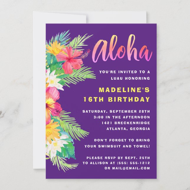 Tropical Aloha Hawaiian Luau Birthday Party Invitation (Front)