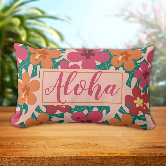 Tropical Aloha Hibiscus Botanical Hawaiian Lumbar Pillow (Creator Uploaded)
