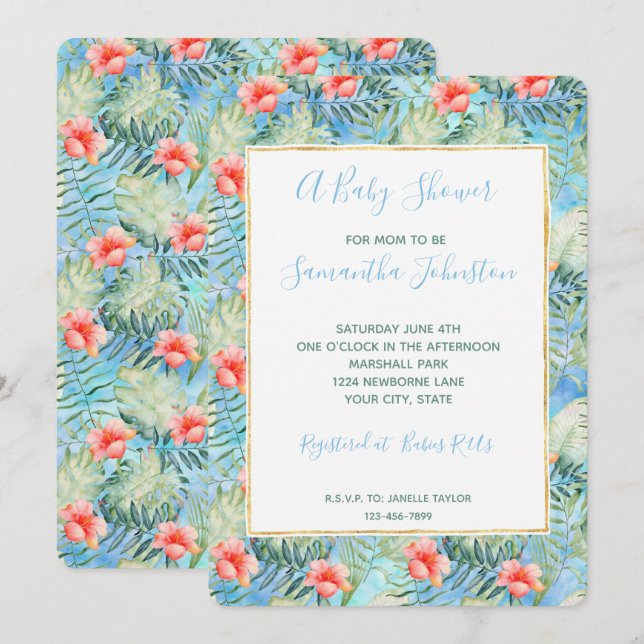 Tropical Aloha Hibiscus Floral Baby Shower Invitation (Front/Back)
