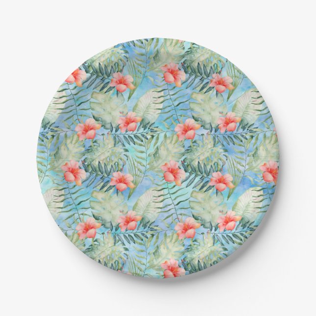 Tropical Aloha Hibiscus Floral Baby Shower Paper Plates (Front)