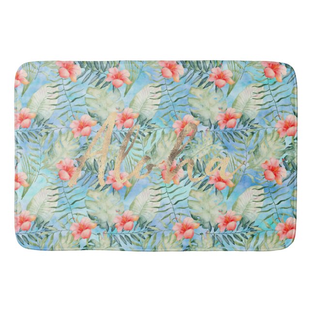 Tropical Aloha Hibiscus Floral Bath Mat (Front)