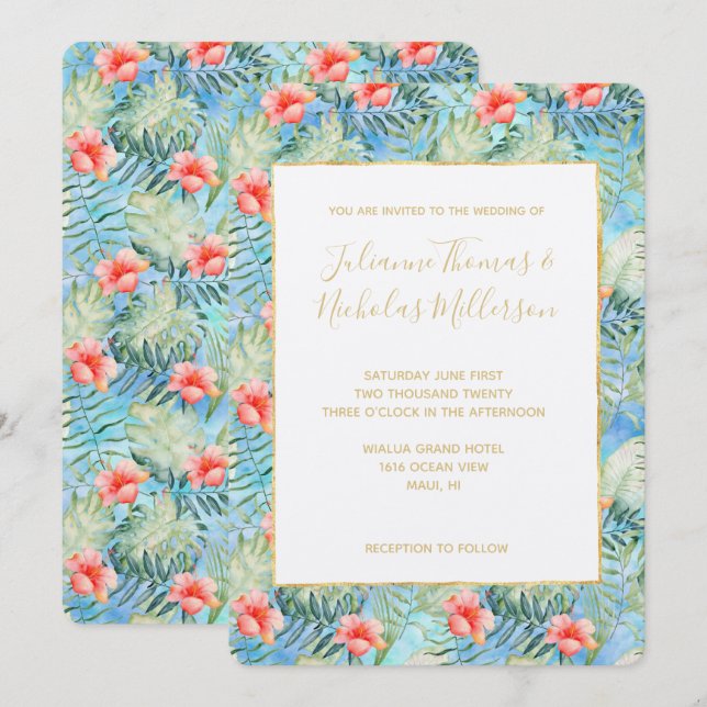 Tropical Aloha Hibiscus Floral Invitation (Front/Back)