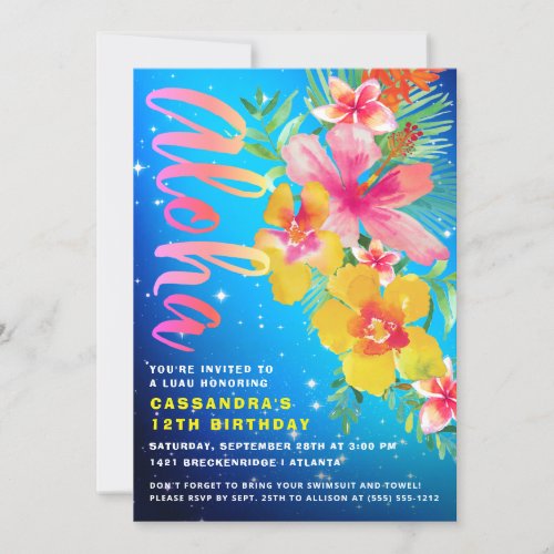 Tropical Aloha Luau Birthday Party Invitation