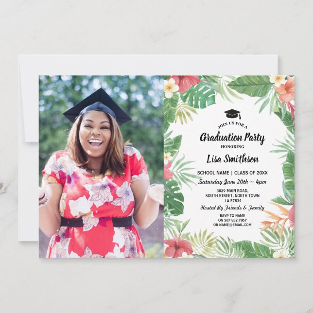 Tropical Aloha Luau Summer Flora Graduation Photo Invitation (Front)