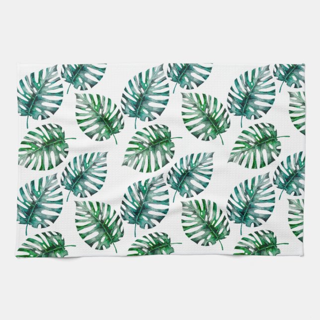 Tropical Aloha Monstera Leaves Pattern Towel (Horizontal)