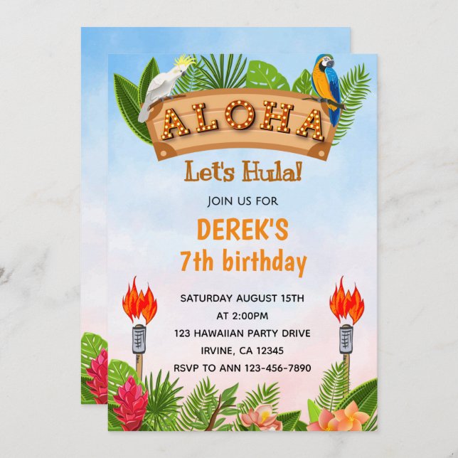 Tropical Aloha Parrots Birthday Invitation (Front/Back)