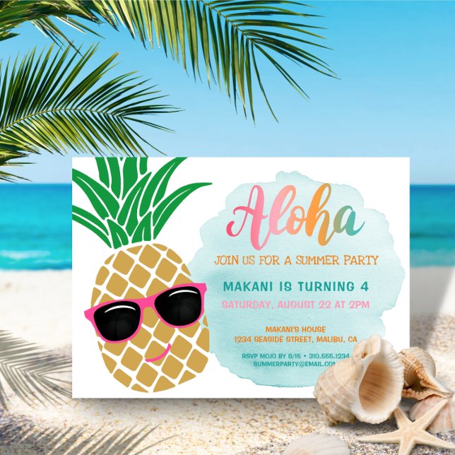 Tropical Aloha Pineapple Watercolor Birthday Invitation