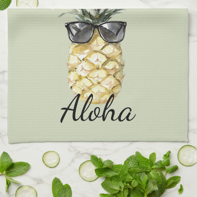 Tropical Aloha Pineapple with Sunglasses Kitchen Towel (Folded)