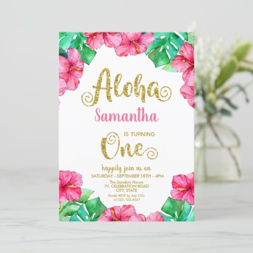 Tropical Aloha Pink Hibiscus 1st Birthday  Invitation