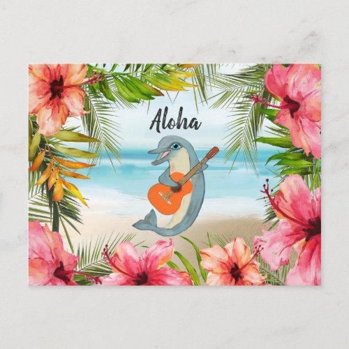 Tropical Aloha Thinking of You Dolphin Guitar Postcard
