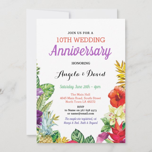 Tropical Aloha Wedding Floral Anniversary Invite (Front)