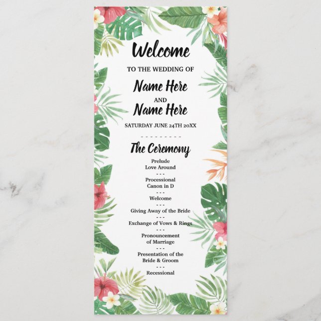 Tropical Aloha Wedding Program Flowers Palms (Front)