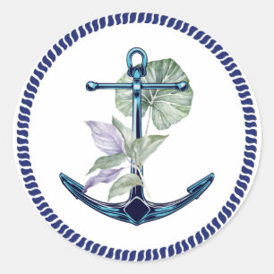 Tropical Anchor with Plants and Flowers Classic Round Sticker