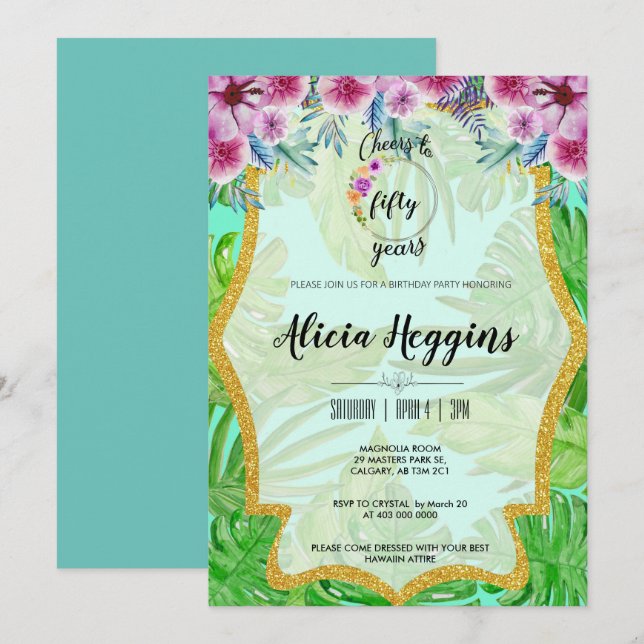 Tropical and Gold Any Age Birthday Invitation (Front/Back)