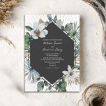 Tropical And Gold Botanical Wedding Invitation<br><div class="desc">Botanical wedding design with tropical greenery and white flowers with faux gold background.  White text over black geometric design at center.</div>