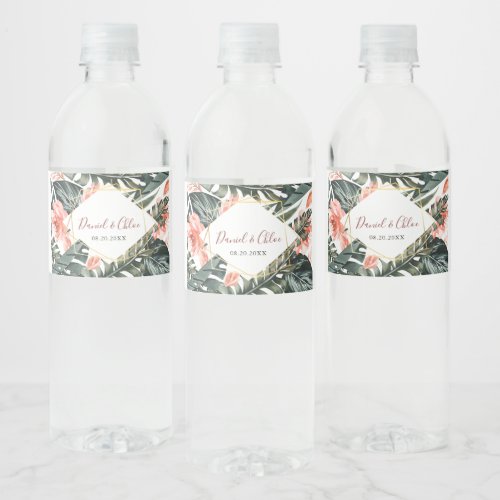 Tropical and Gold Wedding Floral Water Label