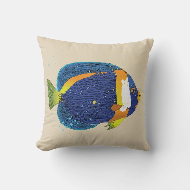 Tropical Angelfish Illustration Bright Blue Yellow Throw Pillow (Front)