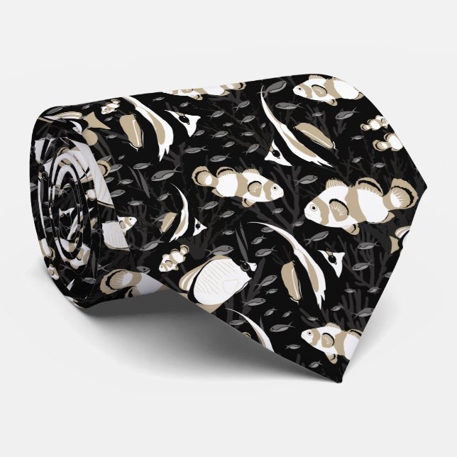 Tropical Angelfish Pattern Black and Grey Neck Tie (Rolled)